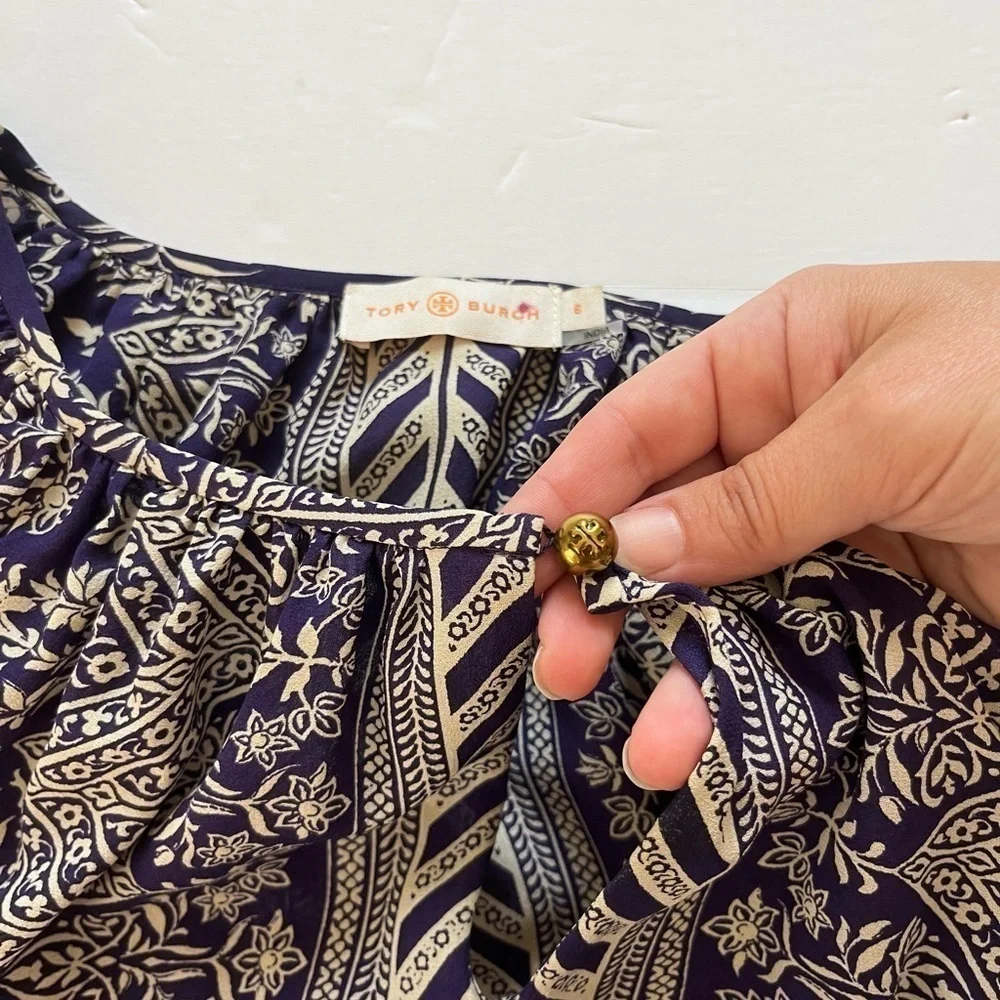 Tory Burch Silk Printed Blouse Navy Off White Size 6 Long Sleeve